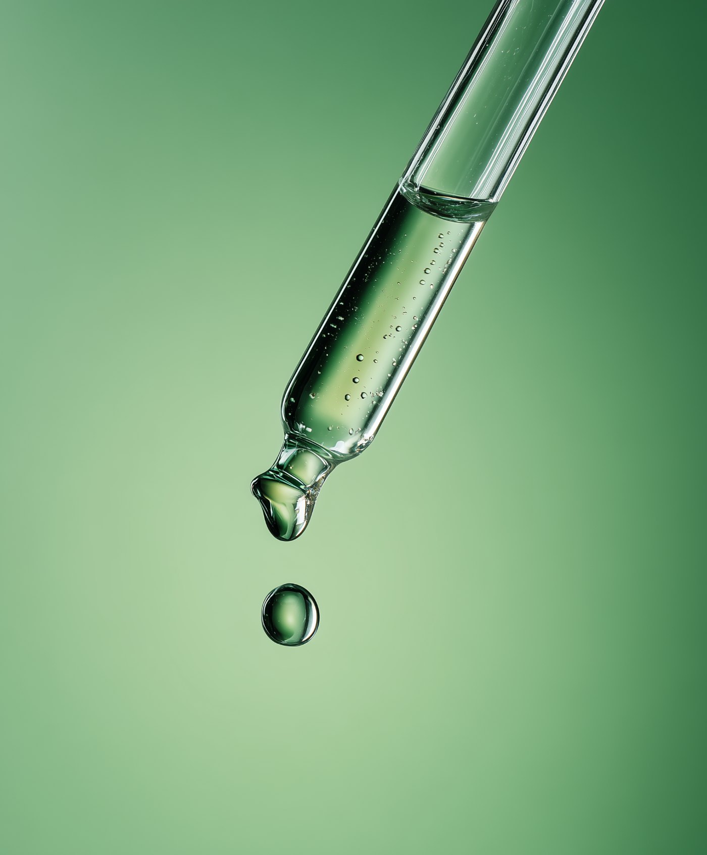 Glass pipette releasing a drop of green solution